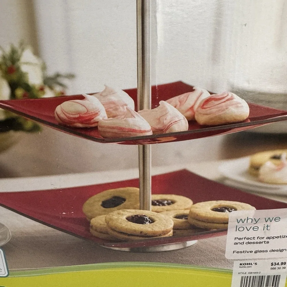 Food Network Red Chrismas 2-Tier Server Display  New Square Glass Festive